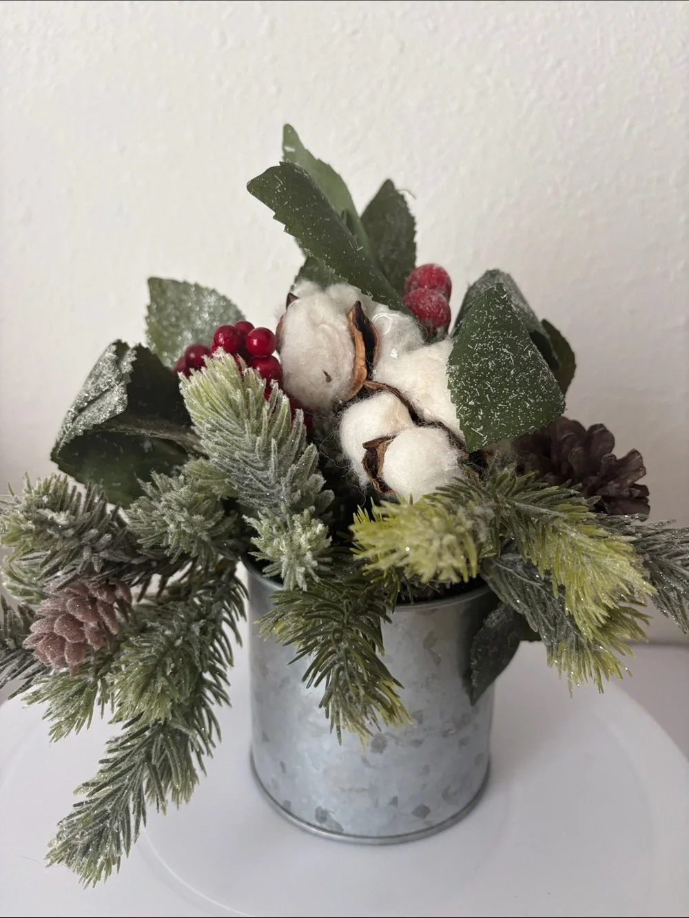 Holiday Pine and Berry Table Centerpiece - Green & Red 8 1-2” t